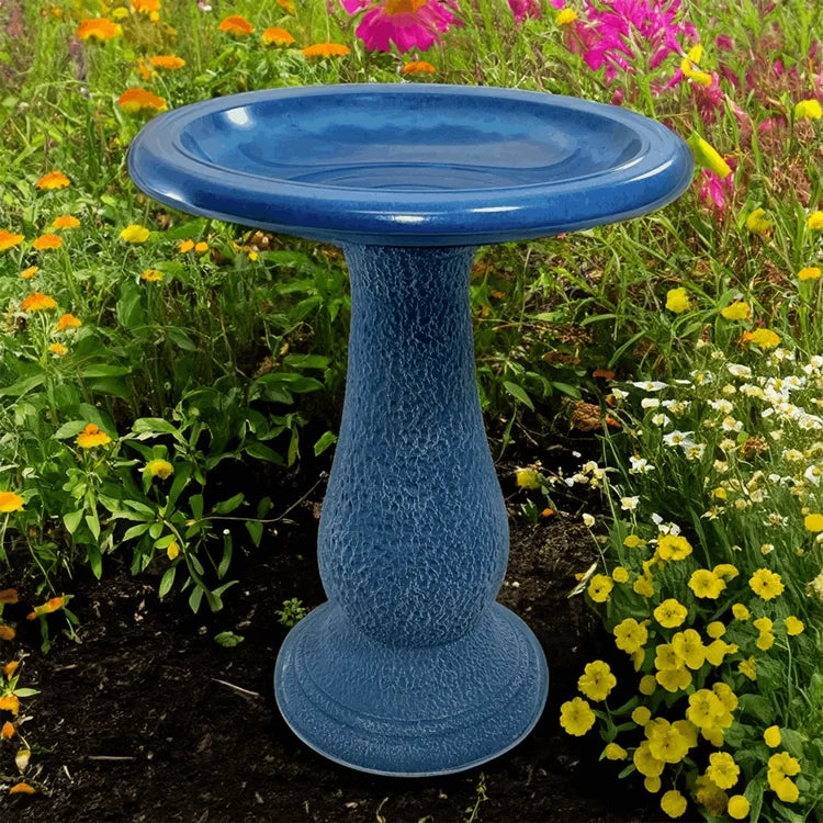 24" Azure Blue Fiber Clay Outdoor Bird Bath – Concrete-Style Garden Decor