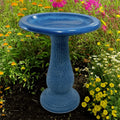 24" Azure Blue Fiber Clay Outdoor Bird Bath – Concrete-Style Garden Decor