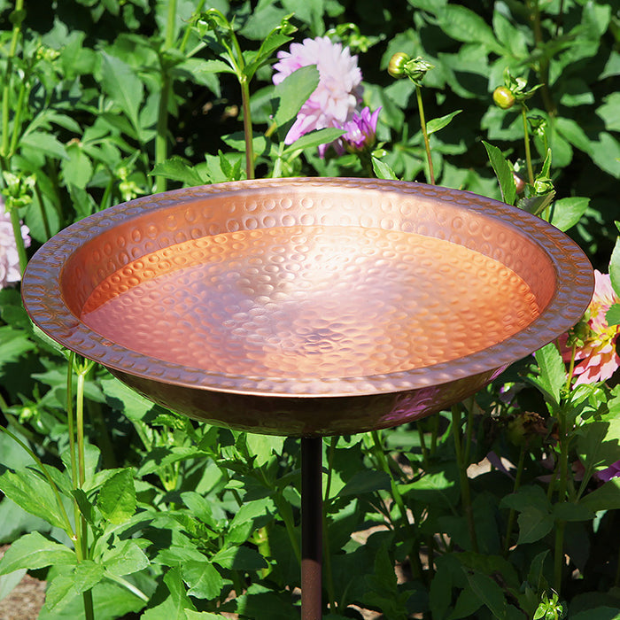 Hammered Solid Copper Staked Bird Bath