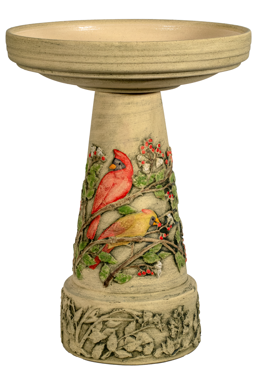 Handpainted Summer Cardinal Birdbath Set