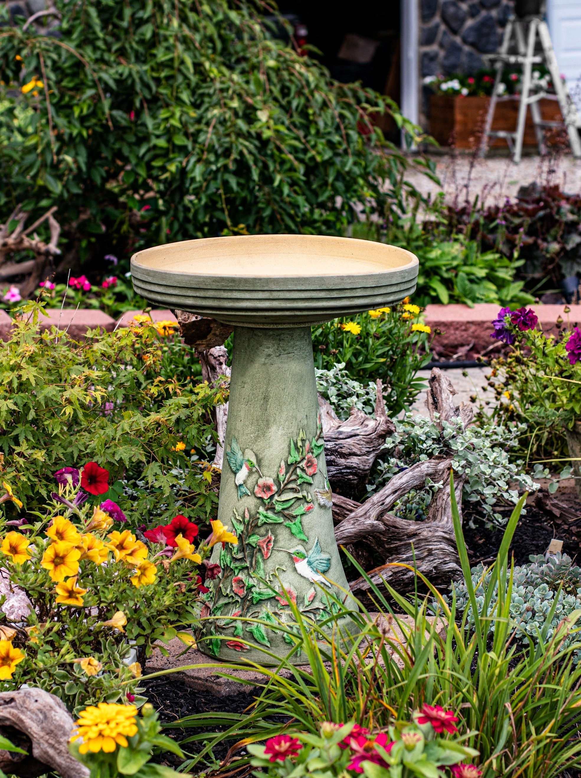 Handpainted Hummingbird Birdbath Set
