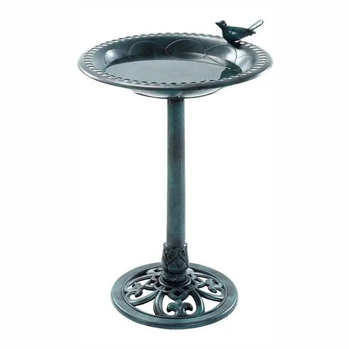 A dark green cast iron pedestal birdbath with a decorative bird perched on the rim, shown against a plain white background.