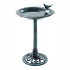 A dark green cast iron pedestal birdbath with a decorative bird perched on the rim, shown against a plain white background.